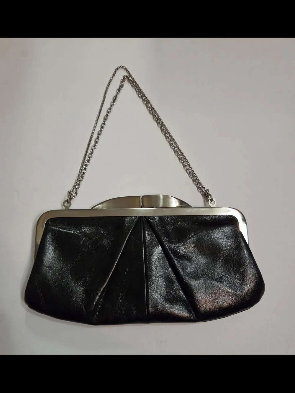 HOBO Black Leather Frame Clutch with Silver-Tone Chain